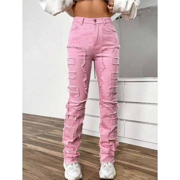 Women's Straight-leg Pants  Embroidered Fashion I Stretch Patchwork Jeans Pink - Picture 1 of 12